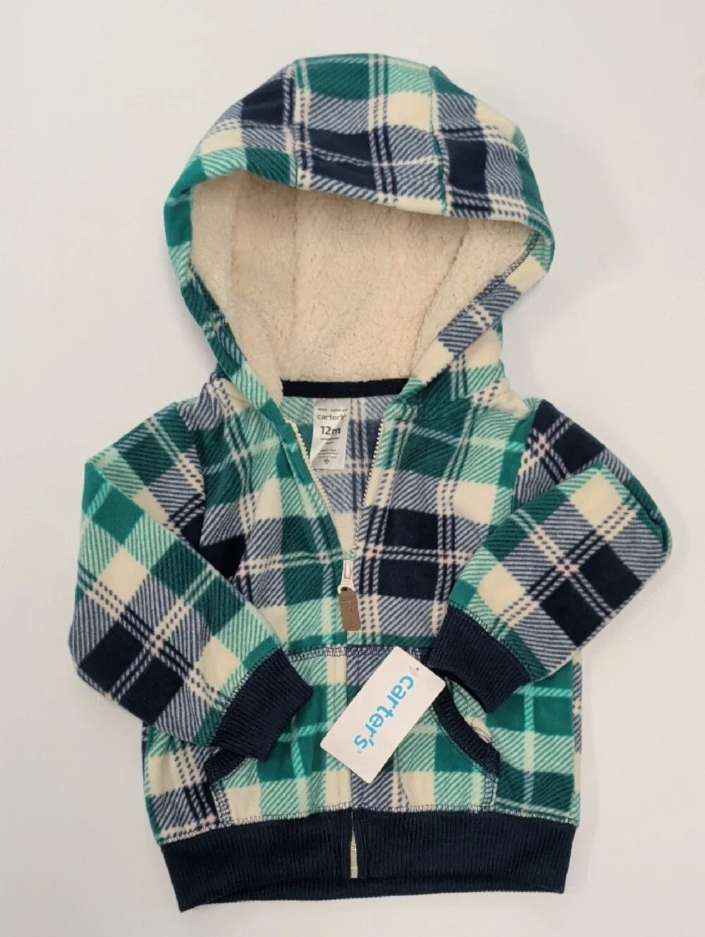 Carter's Plaid Sherpa-Lined Hooded Jacket - Teal, Navy & Cream - Picture 5 of 5